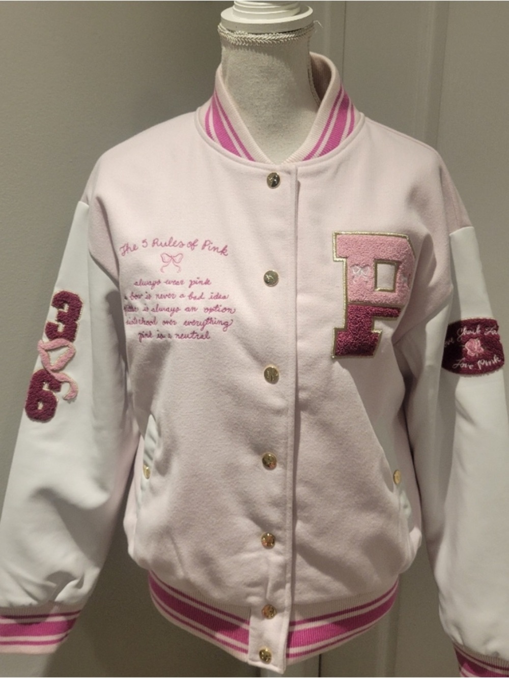 PINK Victoria's Secret Light Pink and White Varsity Jacket with Chenille P Patch